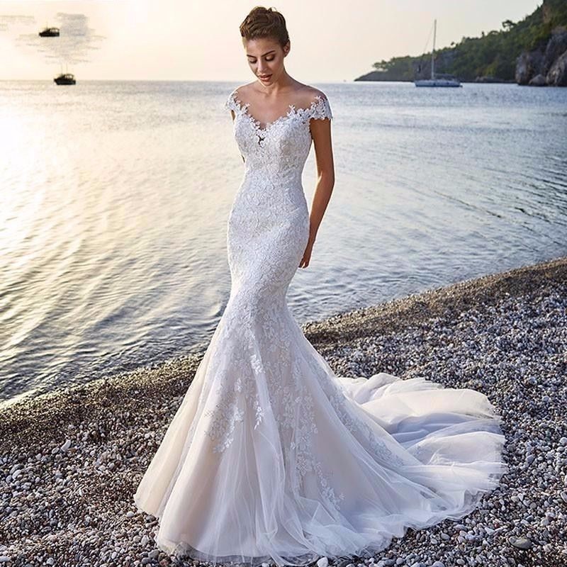 Women’s Tailing White Lace Mermaid Wedding Dress XS-3XL - Wazzi's Wear