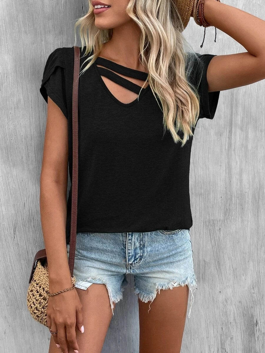 V-neck Stitching Petal Sleeve Loose T Top For Women