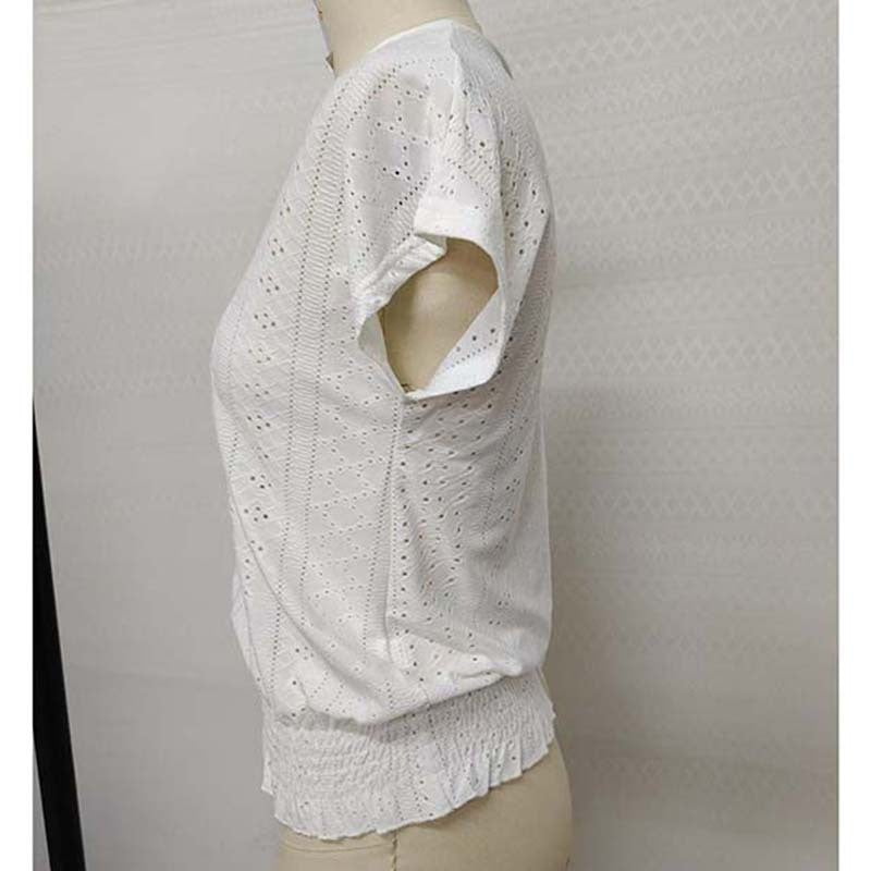 Women Summer Eyelet Top Casual V Neck Short Sleeve Smocked Shirts Loose Tunic Tops Blouses