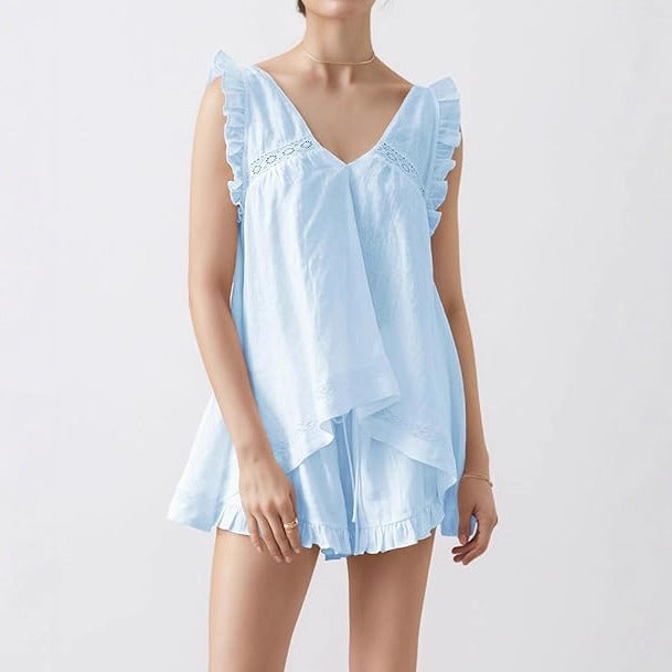 French-style Instagram Inspired New Sleeveless Hollow Out Backless Ruffled V Neck Pajama Set