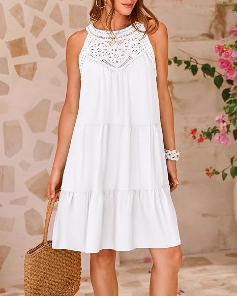 Women’s Halterneck Loose Fit Sleeveless Summer Dress with Lace in 8 Colors S-XXL