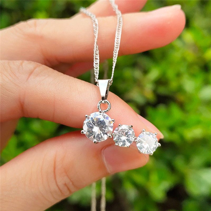 Women’s Diamond Stud Silver Earrings and Necklace Jewelry Set - Wazzi's Wear
