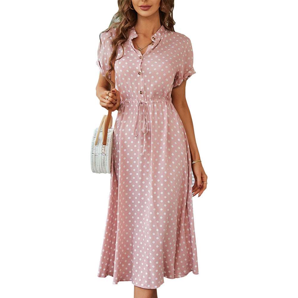 Women’s Polka Dot Short Sleeve Midi Dress with Waist Tie