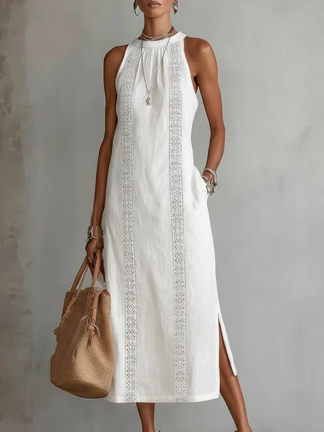 Womens Halterneck Holiday Lace-Patchwork Sleeveless Dress