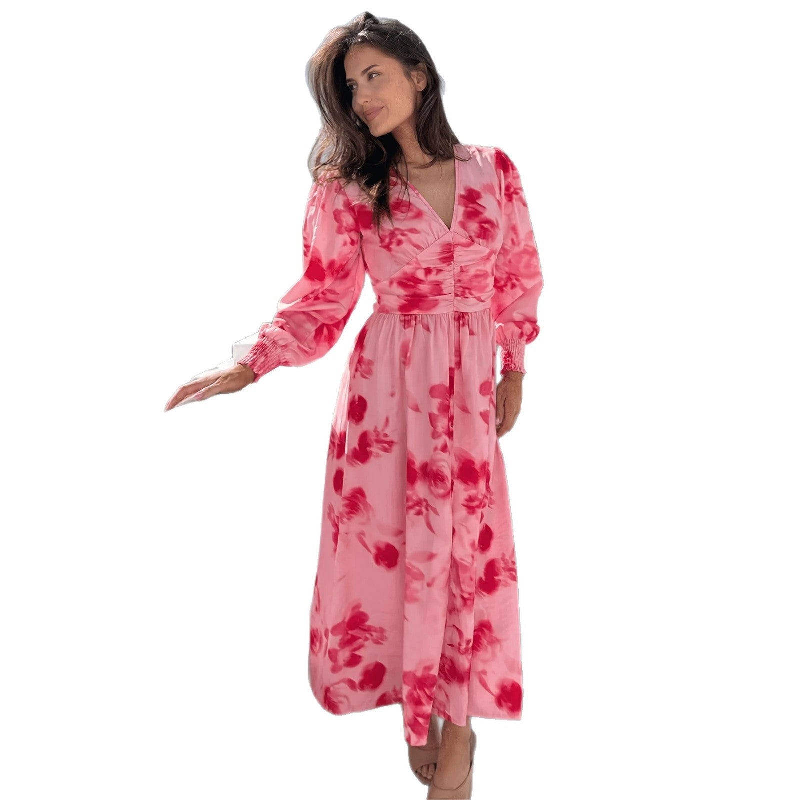 French Romantic Floral V-Neck Waist-Cinching Dress