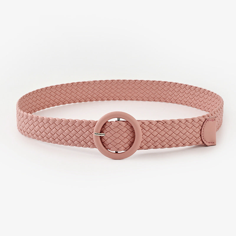 Woven Solid Colour Women’s Belt with Round Buckle