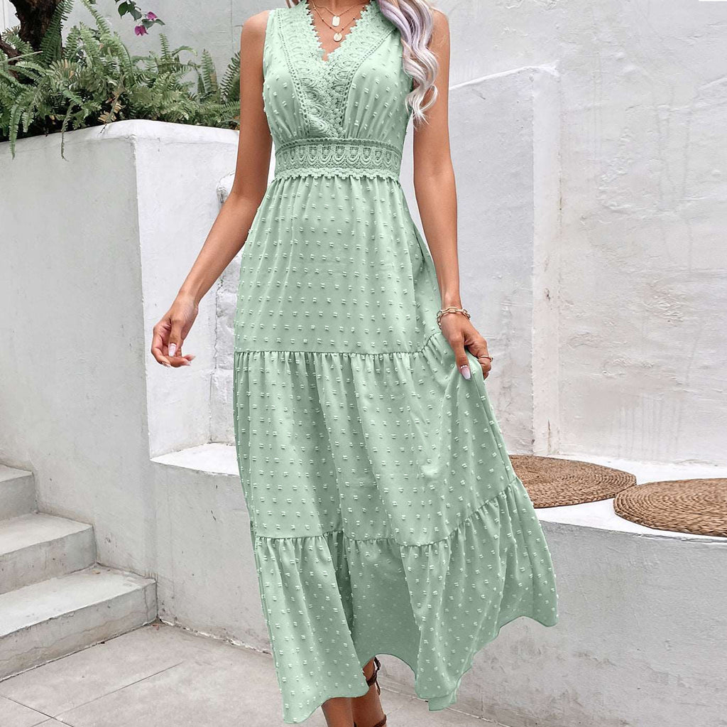 Women's V-Neck Dotted Sleeveless Maxi Dress with Open Back 