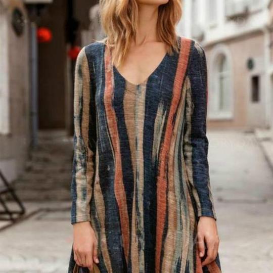 Printed Striped V-neck Pocket Long Sleeve Dress Women