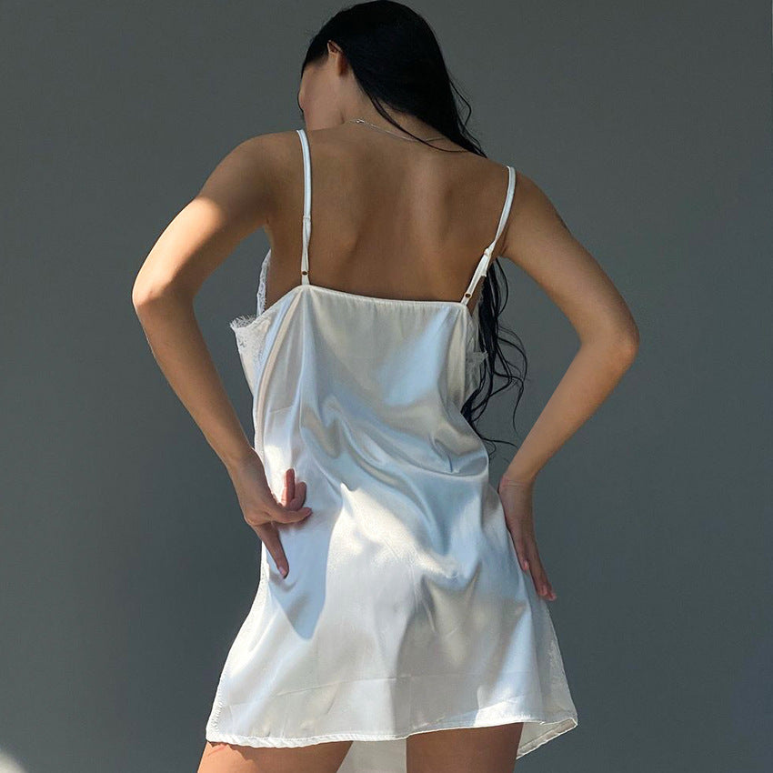 Comfortable Breathable Ice Silk Pajamas Women's Cardigan Lace-up Nightdress Home Wear Two-piece Set