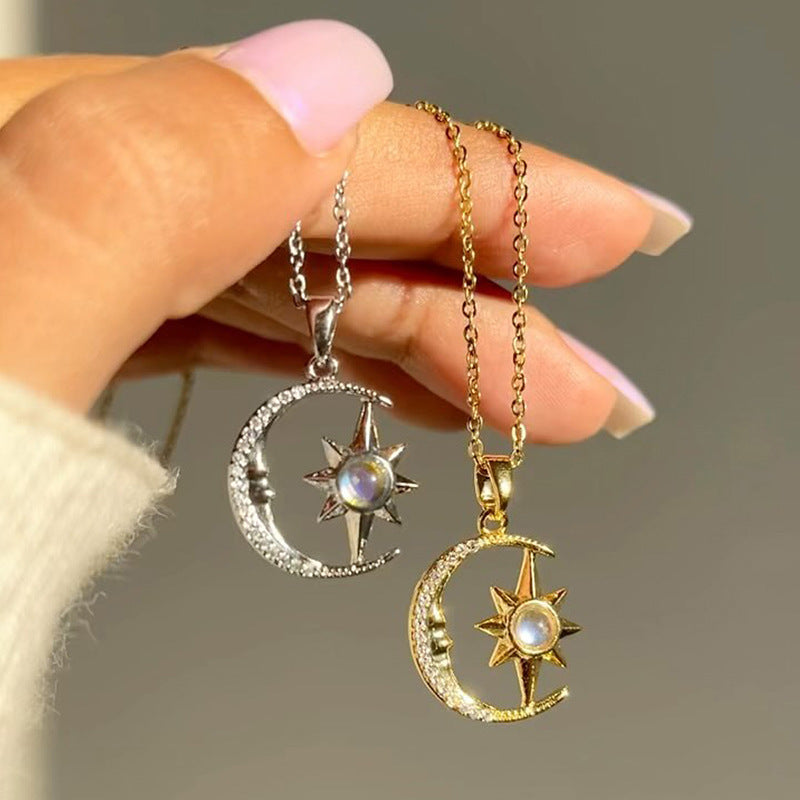 Women’s Zircon Crescent Moon and Star Necklace