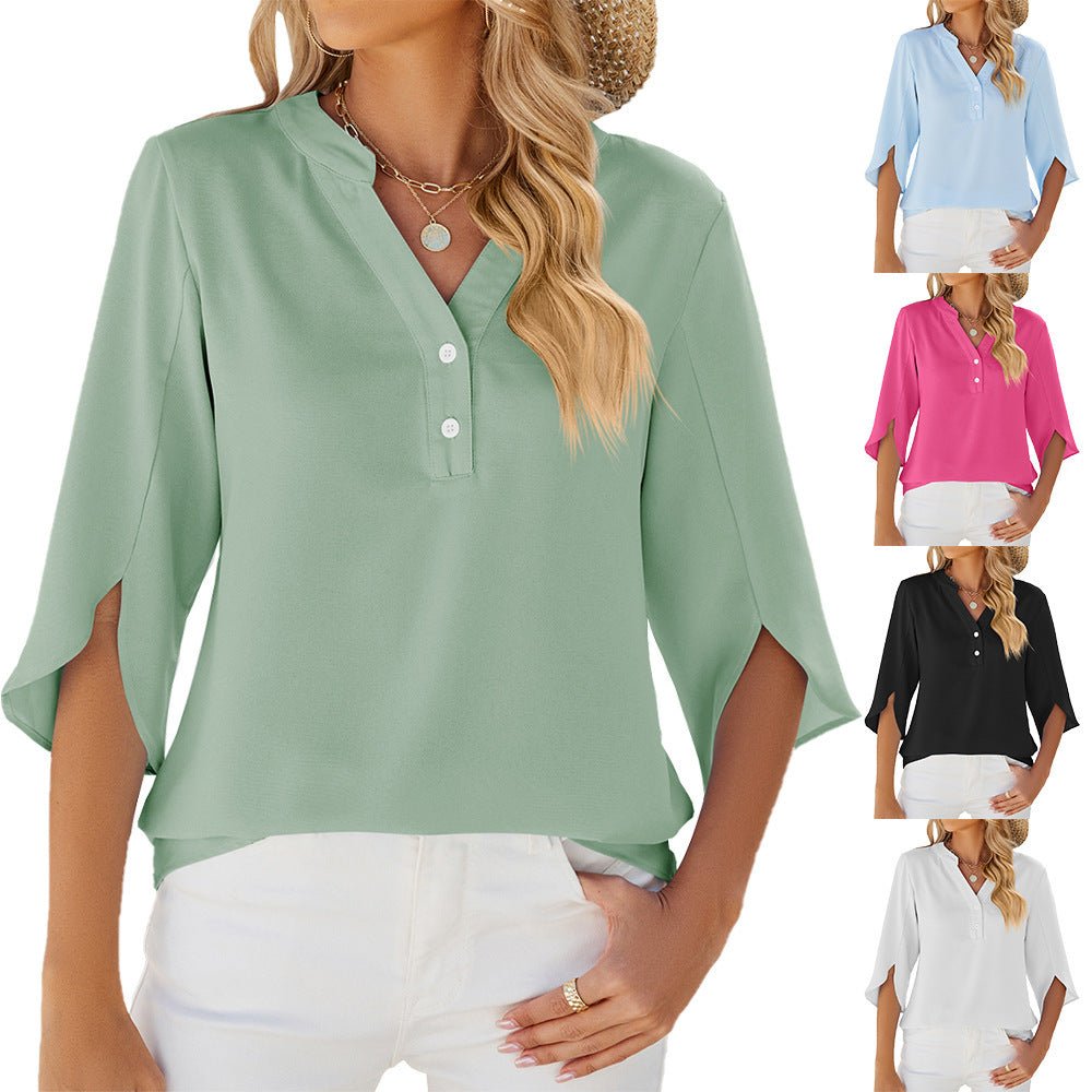 Women’s Button V-Neck Chiffon Half Sleeve Blouse