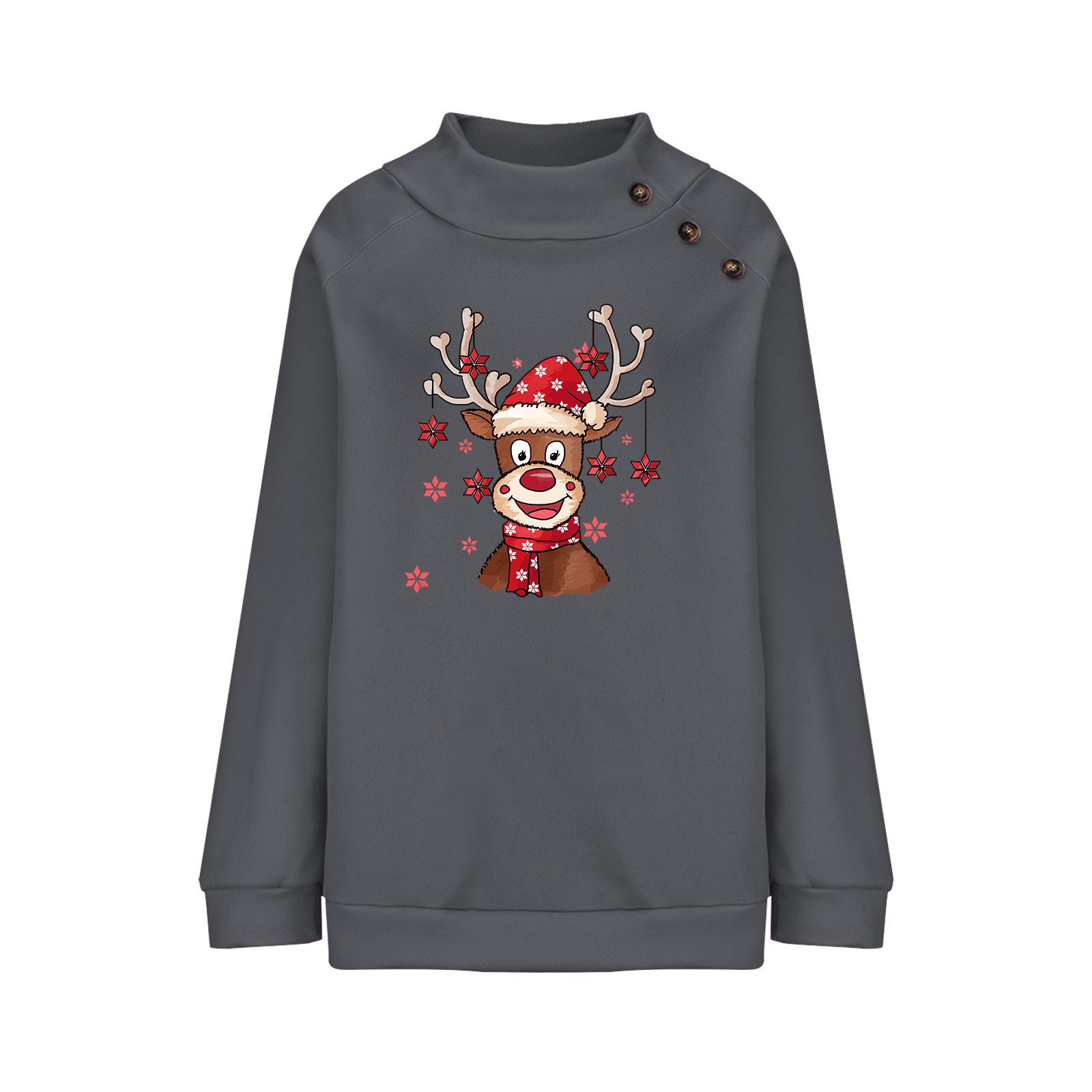 Turtleneck Buttons Christmas Deer Loose Sweater Female