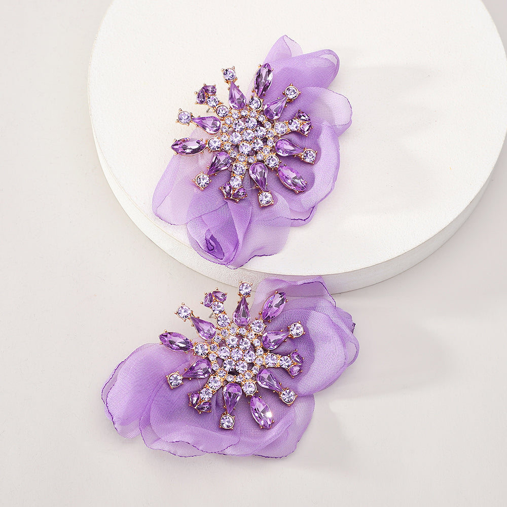 Rhinestone Chiffon Flower Stud Earrings For Women Colorful Crystal Bohemian Statement Jewelry For Party Prom Summer Beach Vacation