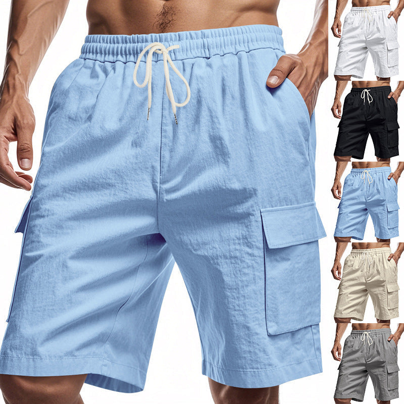 Men’s solid colour linen shorts with elastic waist and multiple pockets in various colors.