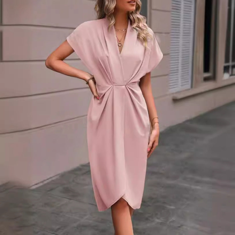 Women’s Elegant Pleated V-Neck Short Sleeve Wrap Midi Dress