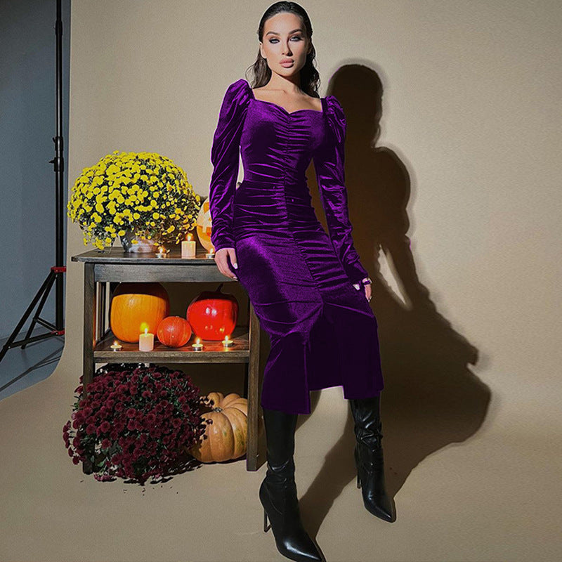 Women's pleated slim fit purple velvet mid-length dress with long sleeves and slit