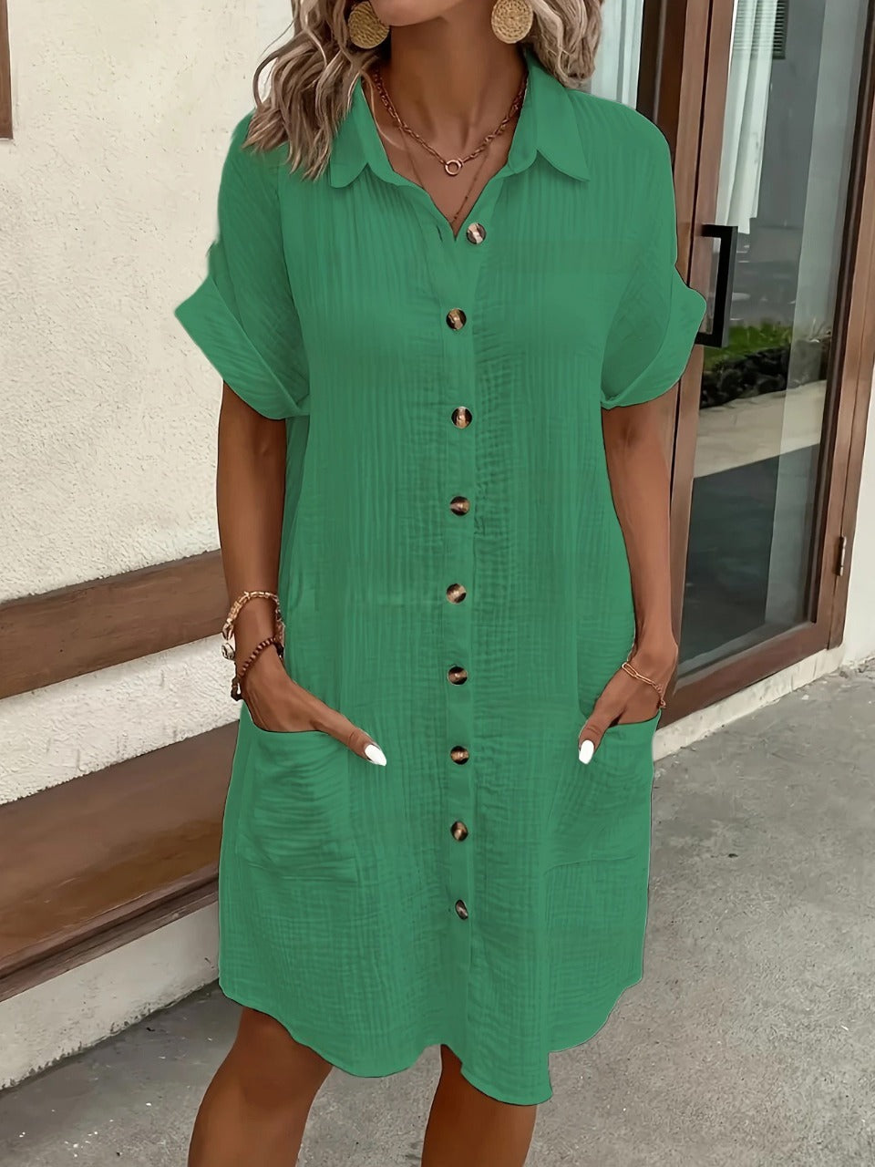 Solid Color Linen Cotton Button Down Loose Shirt Dress