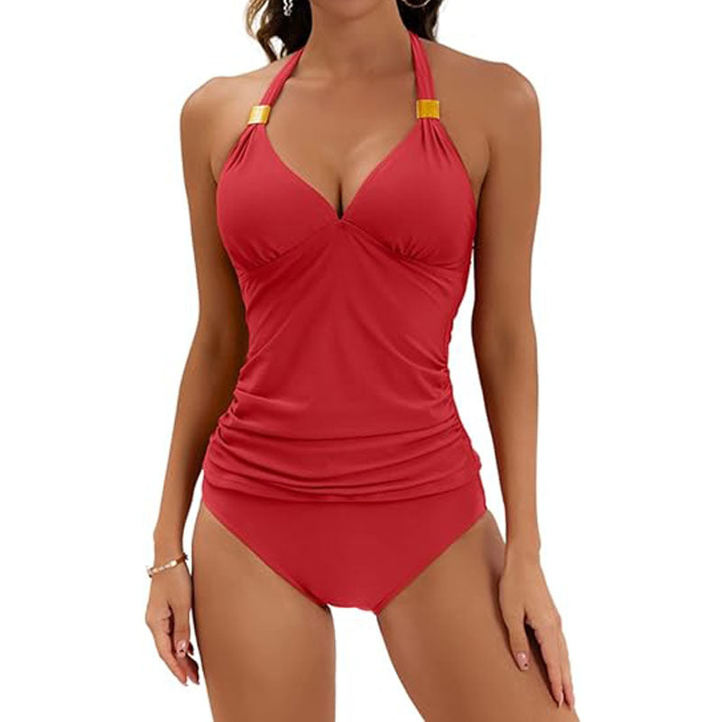 Women's Solid Color Halter Neck Tankini Two Piece Swimsuit  in 7 Colors S-XXL