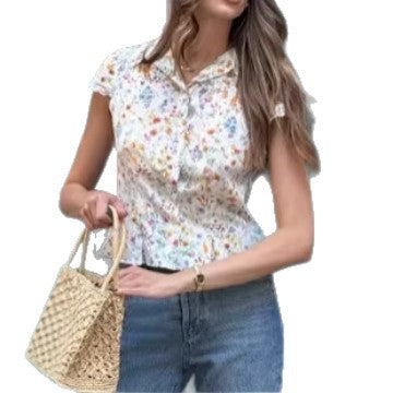Women's Floral Print Lace-Patchwork V-Neck Shirt