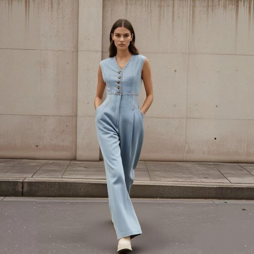 V-neck Double-breasted Sleeveless Wide Leg Overall Jeans