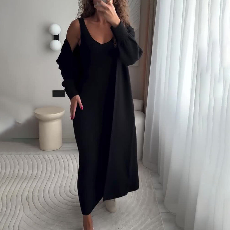 V-neck Elegant Knitted Straight Long Dress Two-piece Set