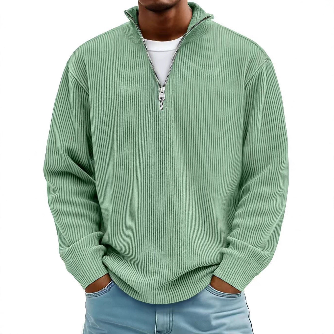 Casual Ribbed Stand Collar Zipper Corduroy Long Sleeve
