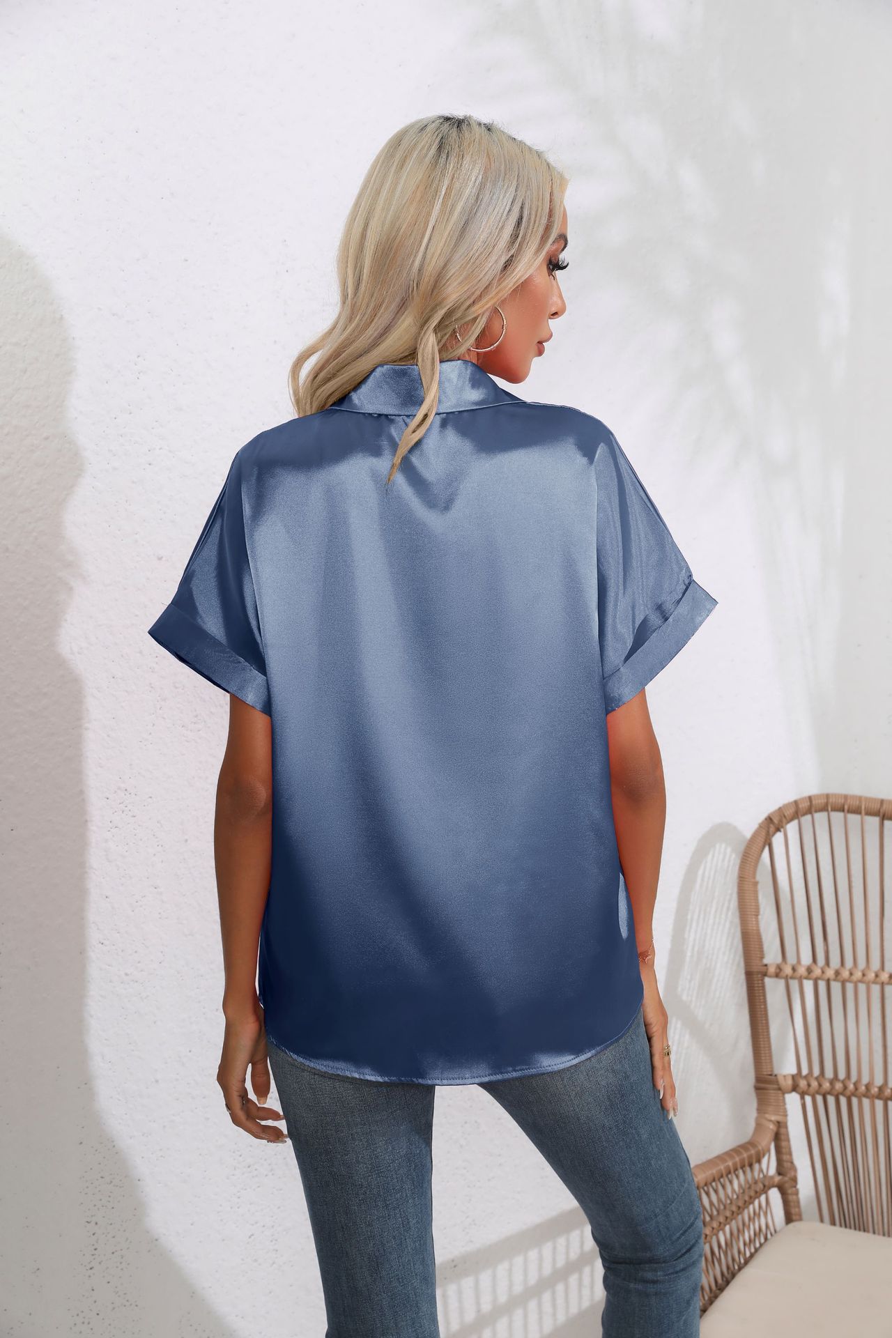 Cuffed Satin Shirt Womens Silk-Like Short-Sleeve Blouse