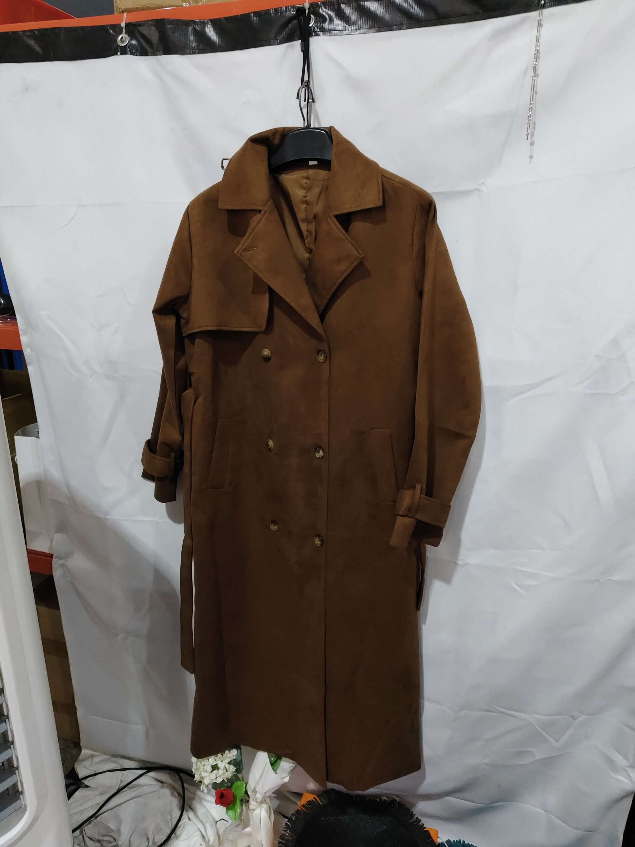 Brown double breasted lapel coat with belt for women winter outwear vintage style