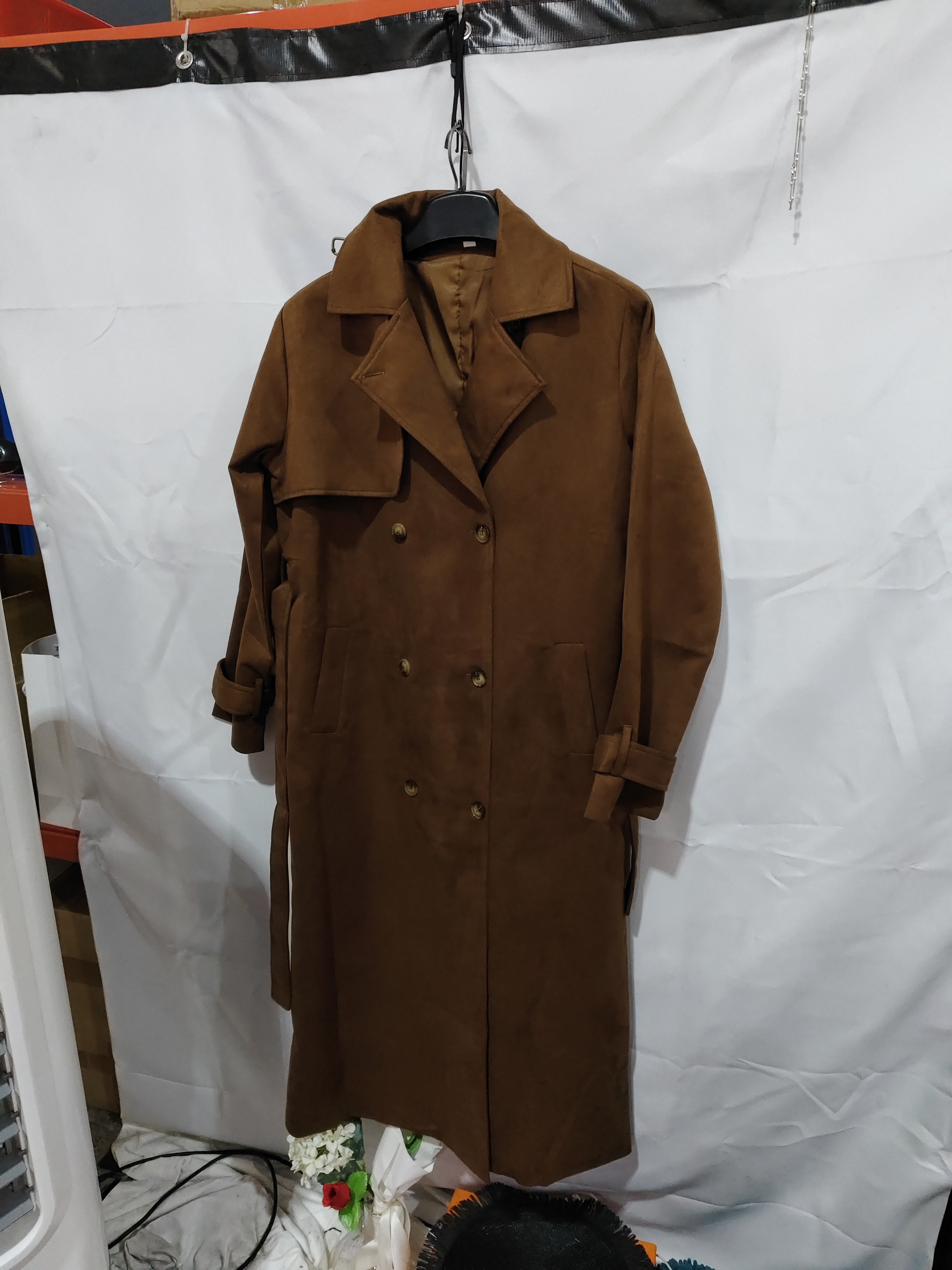 Double Breasted Lapel Shift Coat With Belt Fashion Vintage Suede Long Coat Winter Outwear Women's Clothing