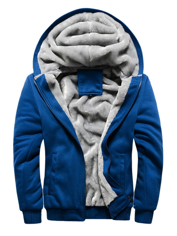 Men's hooded fleece jacket with zipper closure and side pockets in blue.