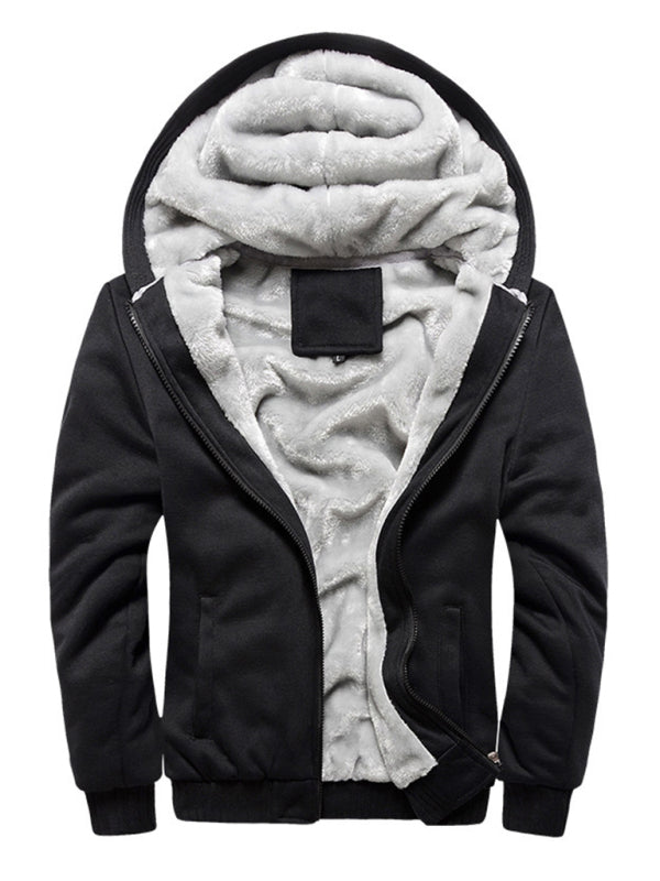 Men's hooded fleece jacket in black with soft lining and zipper closure.