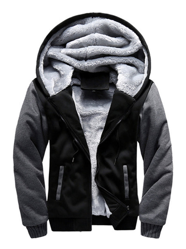 Men's black and gray hooded fleece jacket with zipper closure and side pockets.