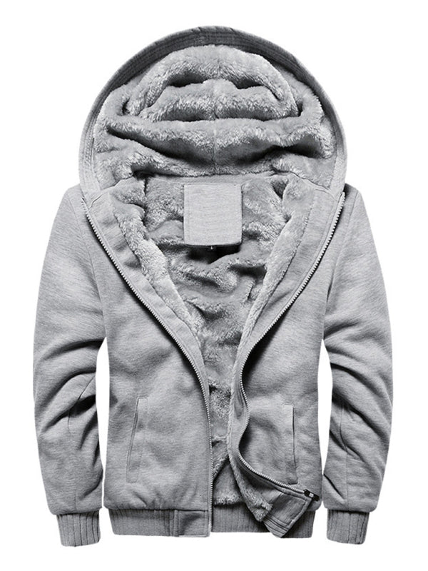 Men's hooded fleece jacket in light gray with zipper and side pockets.