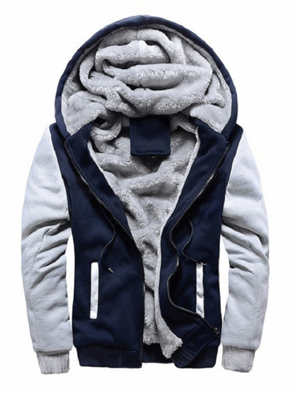 Men's hooded fleece jacket with zipper closure and side pockets, in navy and gray.