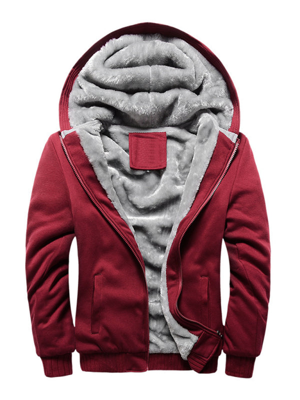 Men's hooded fleece jacket in red with zipper closure and side pockets.