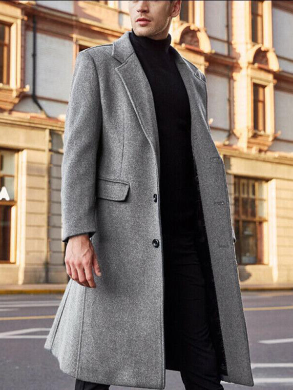 Men's Single-Breasted Knee-Length Wool Coat