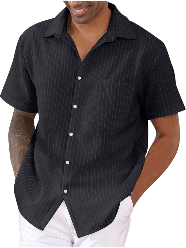 Striped Button-Up Short Sleeve Men’s Shirt with Lapel and Pocket