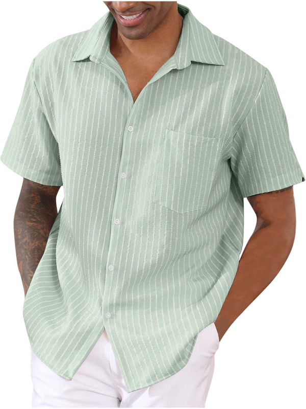 Striped Button-Up Short Sleeve Men’s Shirt with Lapel and Pocket