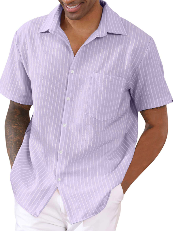 Striped Button-Up Short Sleeve Men’s Shirt with Lapel and Pocket