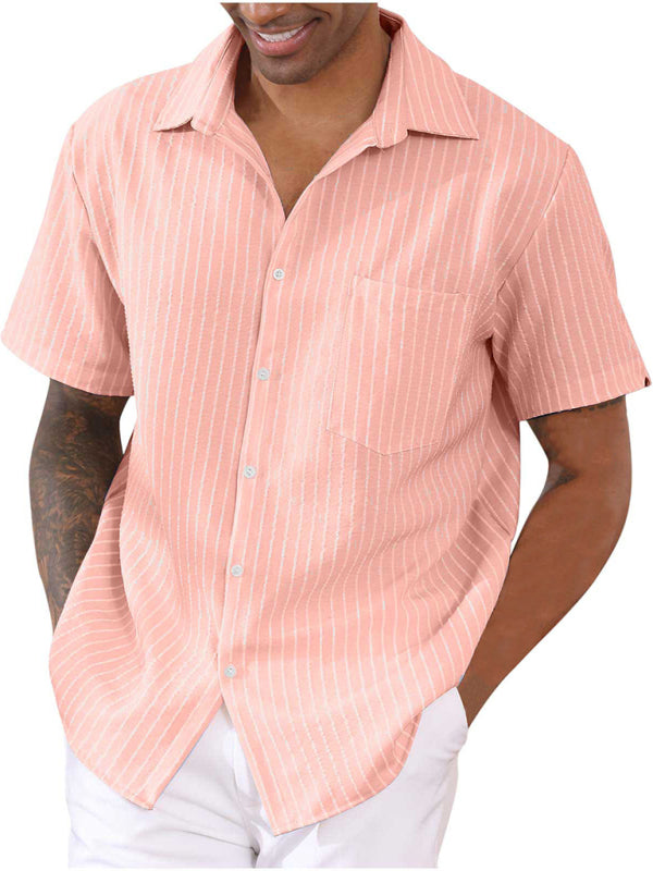 Striped Button-Up Short Sleeve Men’s Shirt with Lapel and Pocket