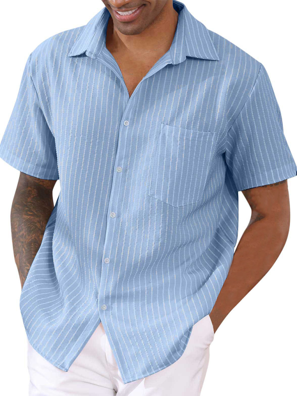 Striped Button-Up Short Sleeve Men’s Shirt with Lapel and Pocket