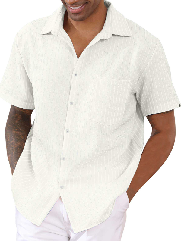 Striped Button-Up Short Sleeve Men’s Shirt with Lapel and Pocket