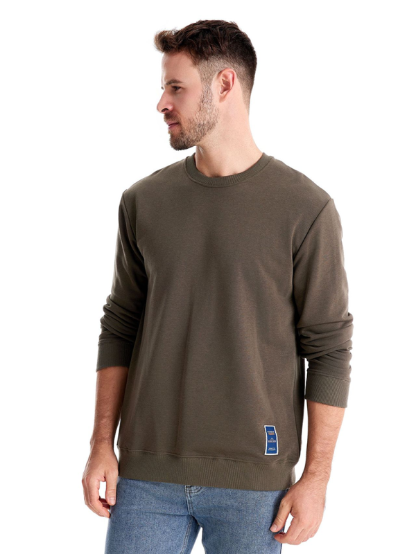 Sweat-shirt à manches longues et col rond de couleur unie pour homme