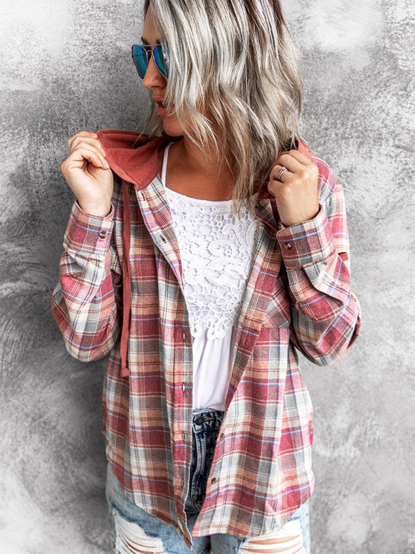 Women's Hooded Button-Down Plaid Shirt Jacket in 5 Colors S-XXL