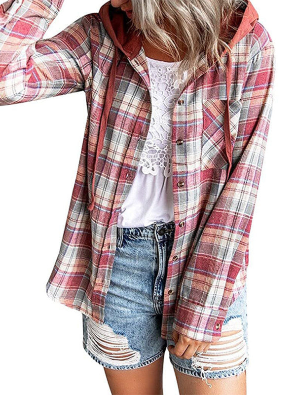 Women's Hooded Button-Down Plaid Shirt Jacket in 5 Colors S-XXL