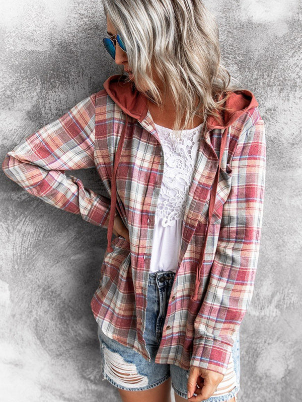 Women's Hooded Button-Down Plaid Shirt Jacket in 5 Colors S-XXL