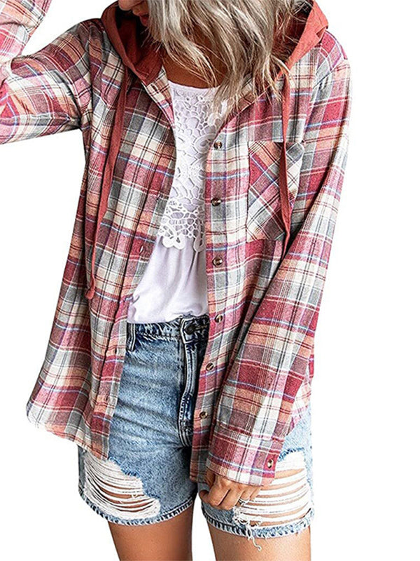 Women's Hooded Button-Down Plaid Shirt Jacket in 5 Colors S-XXL