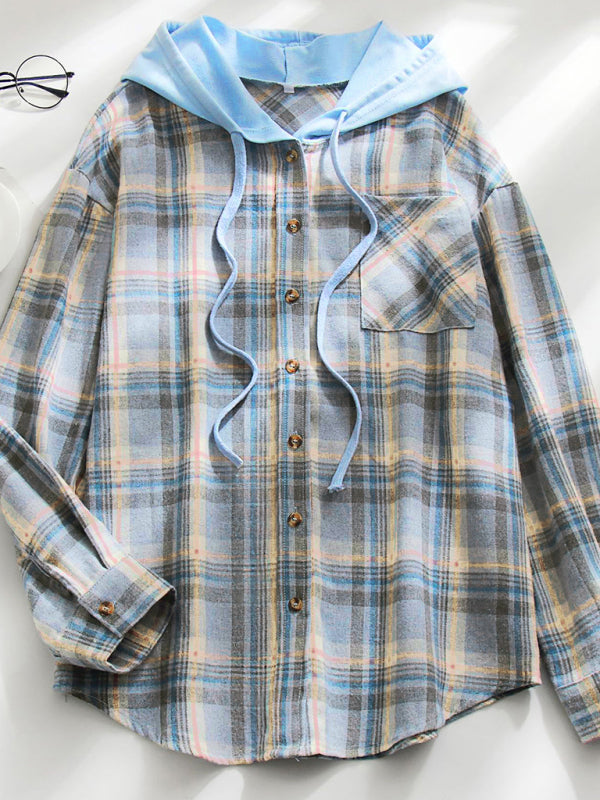 Women's Hooded Button-Down Plaid Shirt Jacket in 5 Colors S-XXL