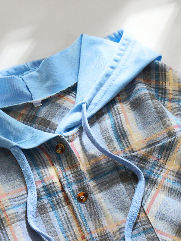 Women's Hooded Button-Down Plaid Shirt Jacket in 5 Colors S-XXL