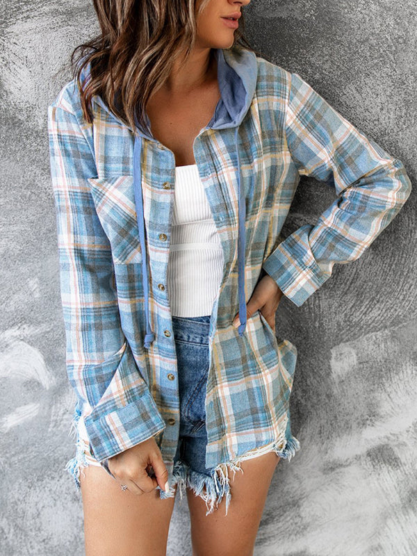 Women's Hooded Button-Down Plaid Shirt Jacket in 5 Colors S-XXL